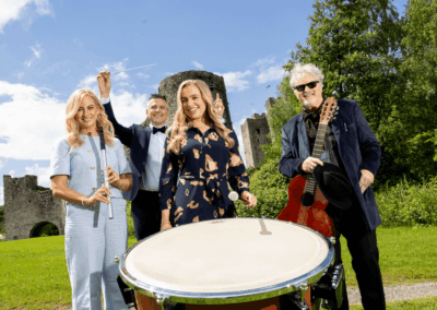 King John Summer Prom festival musicians at the grounds of Trim Castle (From the Left: Shóna O’Sullivan, Niall O’Sullivan, Leah Barniville, Patrick Bergin)