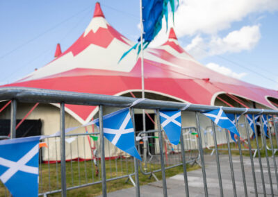 Marquee tent with Scottish flags on railings to celebrate Braveheart